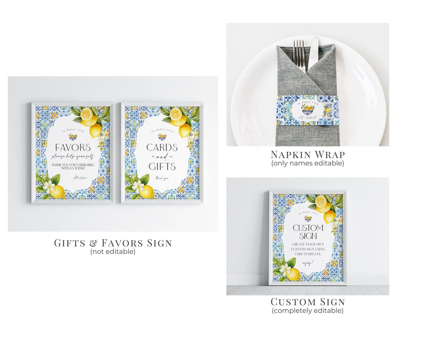 Amalfi Coast Baby Shower Printable Bundle, Lemon Citrus Mediterranean decor with blue tiles, Italian theme tuscan beach party, Coastal Baby