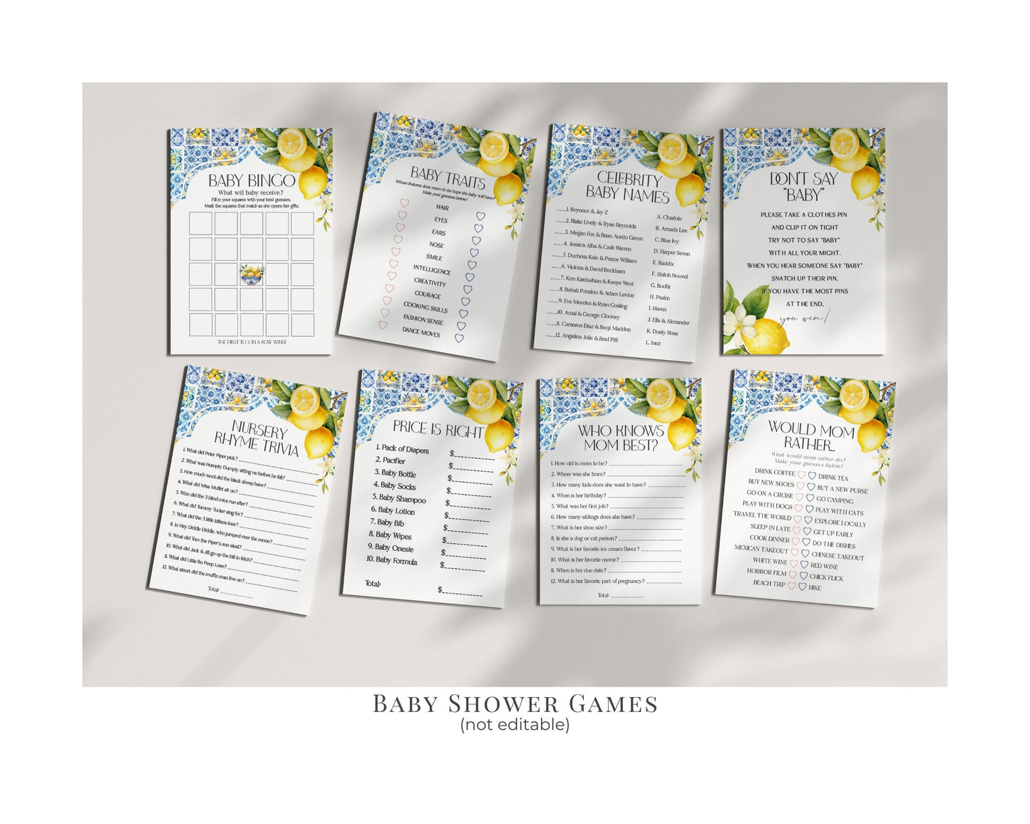 Amalfi Coast Baby Shower Printable Bundle, Lemon Citrus Mediterranean decor with blue tiles, Italian theme tuscan beach party, Coastal Baby