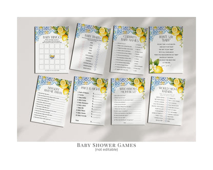 Amalfi Coast Baby Shower Printable Bundle, Lemon Citrus Mediterranean decor with blue tiles, Italian theme tuscan beach party, Coastal Baby