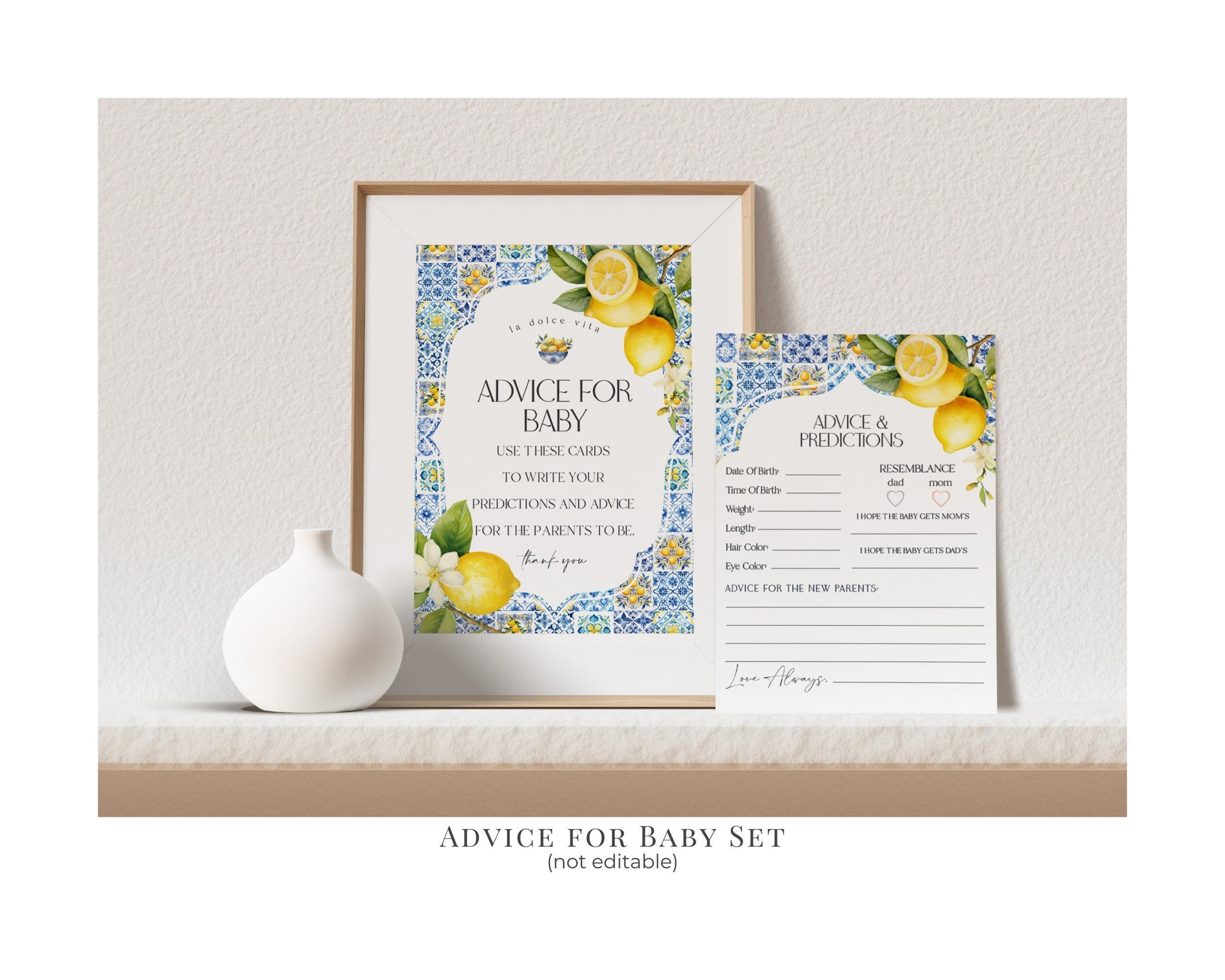 Amalfi Coast Baby Shower Printable Bundle, Lemon Citrus Mediterranean decor with blue tiles, Italian theme tuscan beach party, Coastal Baby