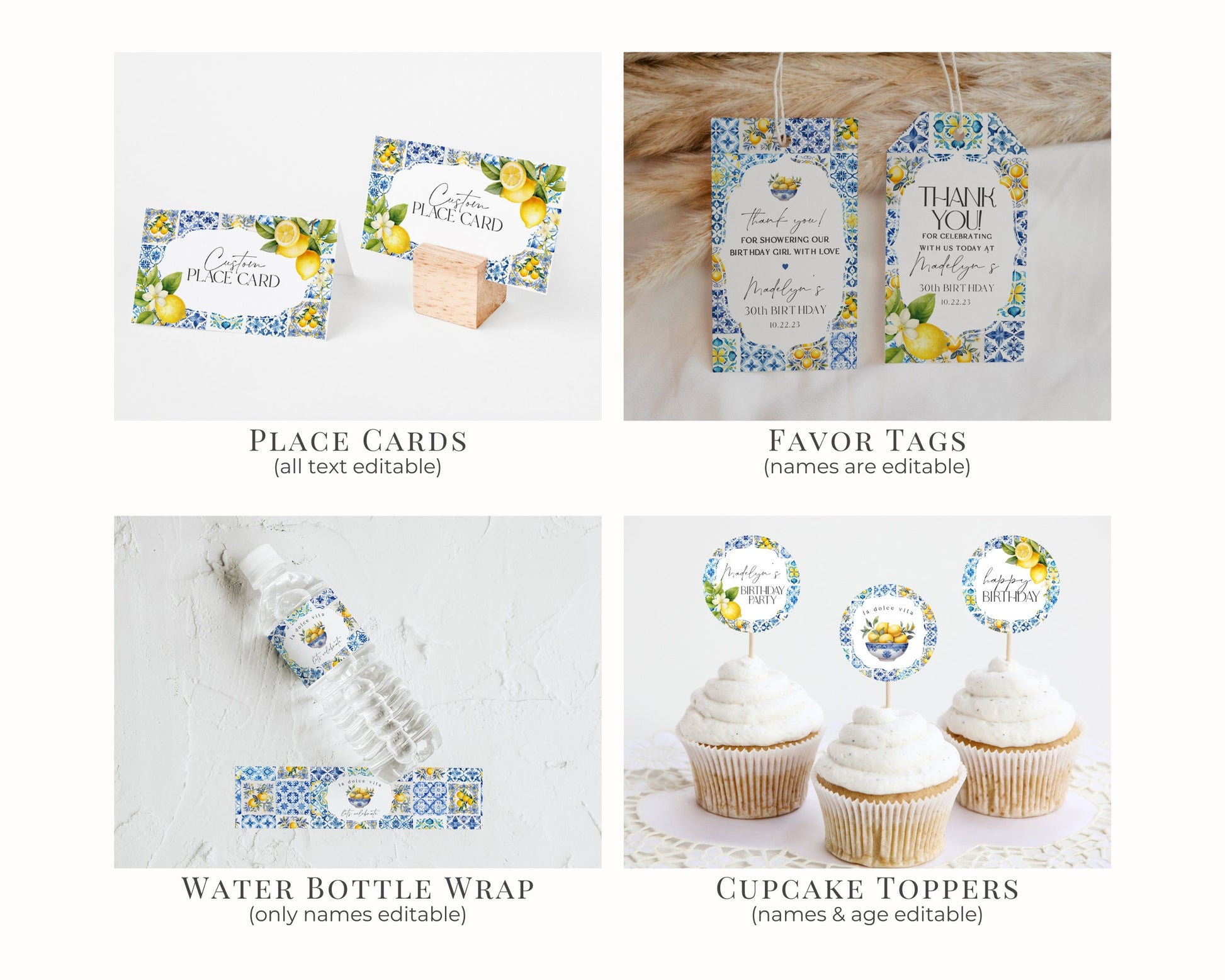 Amalfi Coast Birthday Bundle Printable Template, Citrus Mediterranean bday decor with blue tiles, Coastal Italian theme tuscan beach party