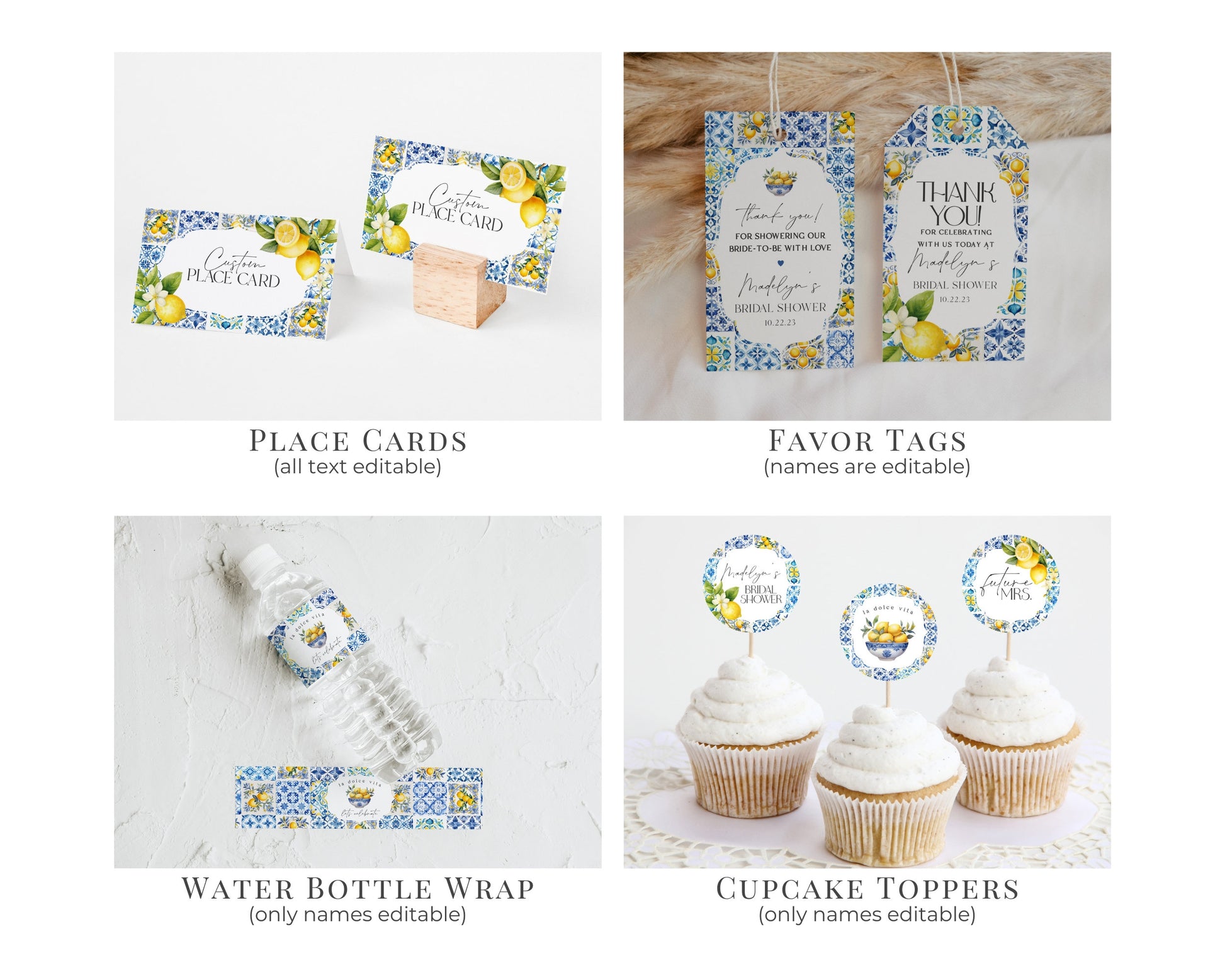 Amalfi Coast Bridal Shower Printable Bundle, Lemon Citrus Mediterranean shower decor with blue tile, Coastal Italian tuscan beach party