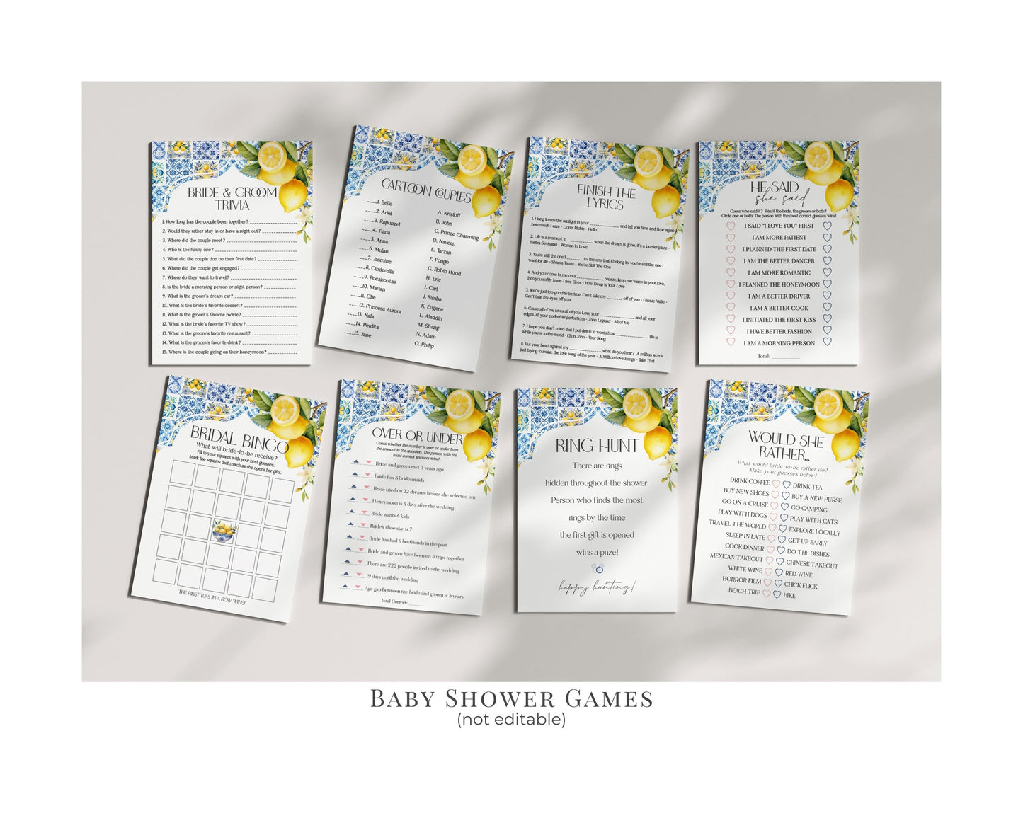 Amalfi Coast Bridal Shower Printable Bundle, Lemon Citrus Mediterranean shower decor with blue tile, Coastal Italian tuscan beach party