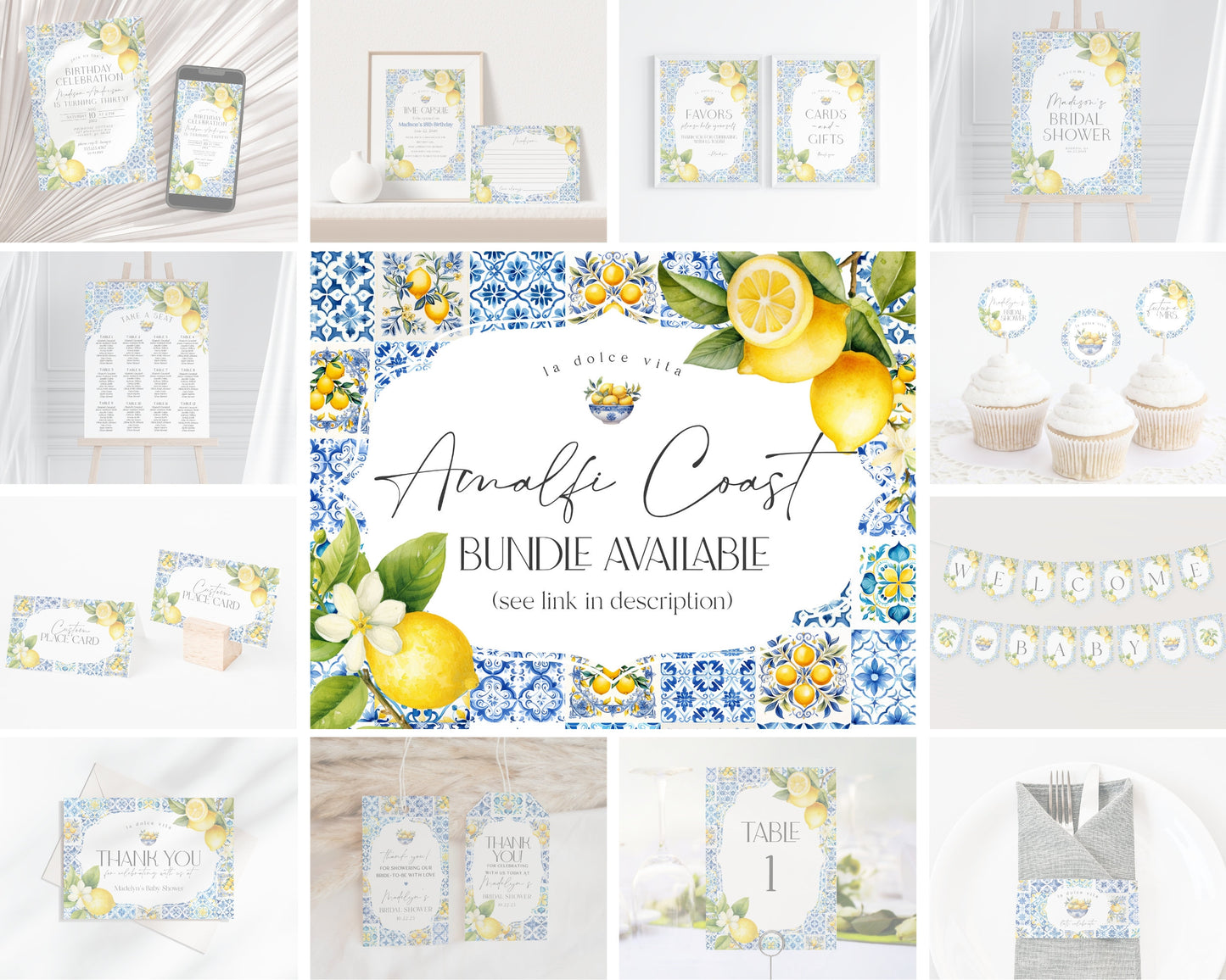 Amalfi Coast Baby Shower Invitation Printable Template, Lemon Citrus Mediterranean shower decor with blue tiles, Italian theme tuscan beach