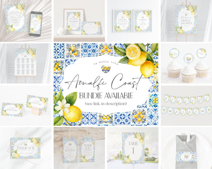 Amalfi Coast Baby Shower Invitation Printable Template, Lemon Citrus Mediterranean shower decor with blue tiles, Italian theme tuscan beach