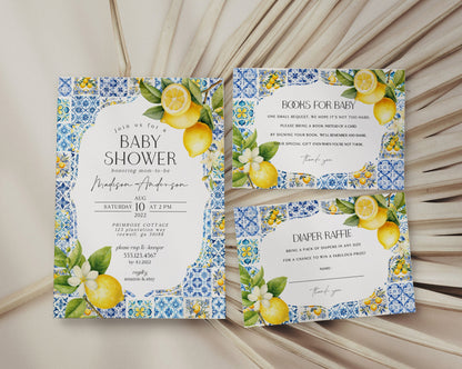 Amalfi Coast Baby Shower Invitation Printable Template, Lemon Citrus Mediterranean shower decor with blue tiles, Italian theme tuscan beach