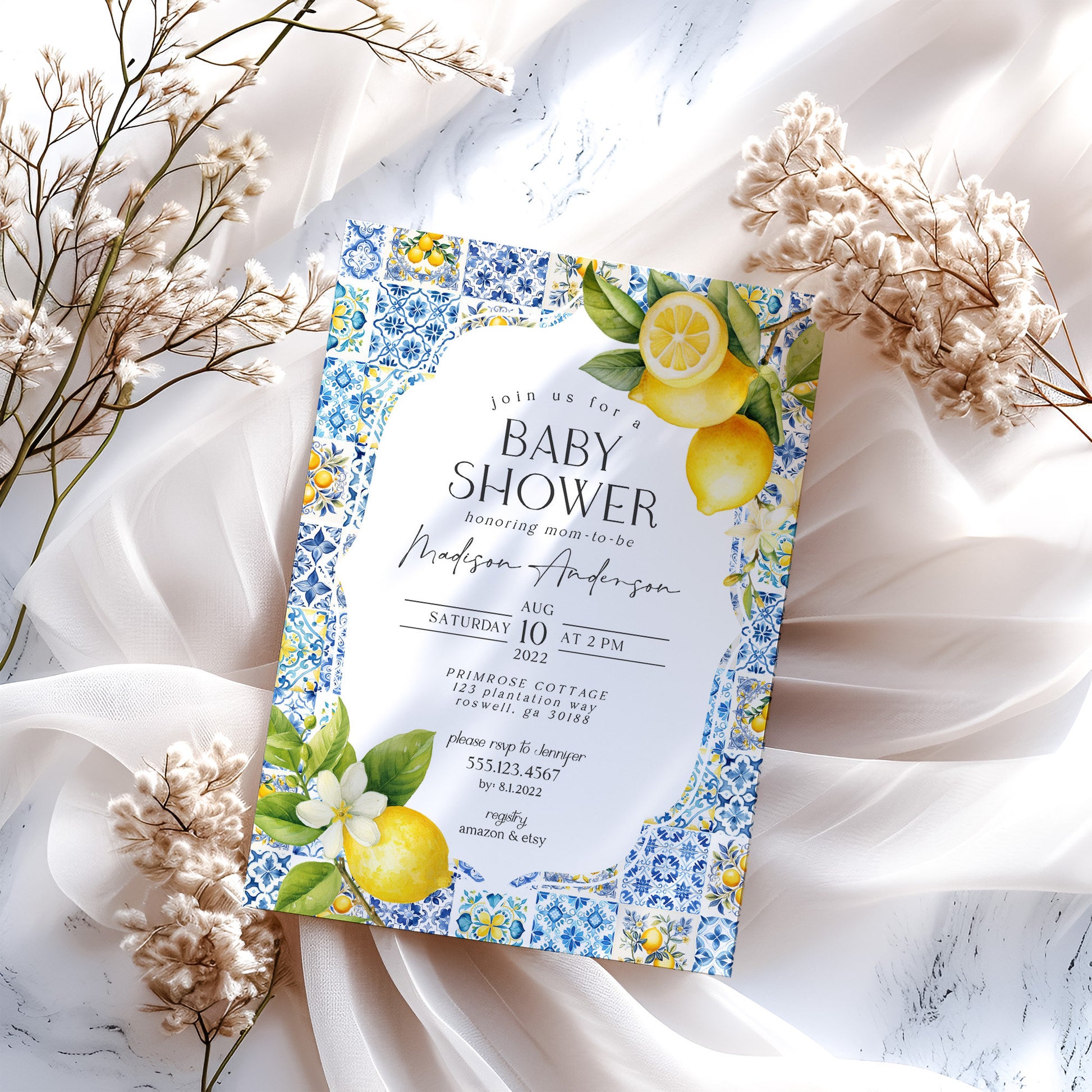 Amalfi Coast Baby Shower Invitation Printable Template, Lemon Citrus Mediterranean shower decor with blue tiles, Italian theme tuscan beach