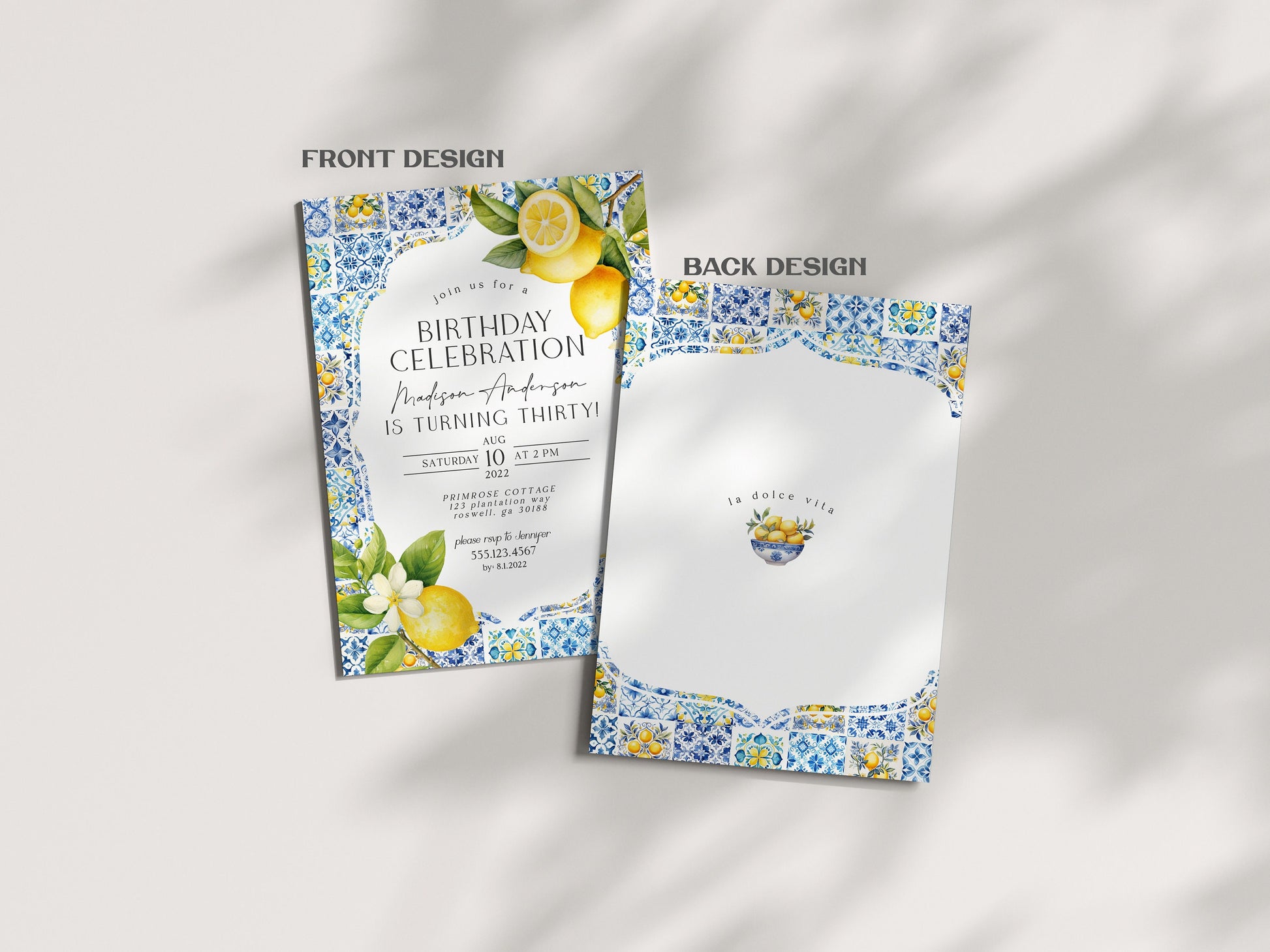 Amalfi Coast Birthday Invitation Printable Template, Citrus Mediterranean bday decor with blue tiles, Italian coastal theme tuscan party