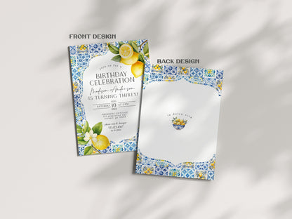 Amalfi Coast Birthday Invitation, Citrus Mediterranean bday decor with blue tiles, Italian coastal theme tuscan party