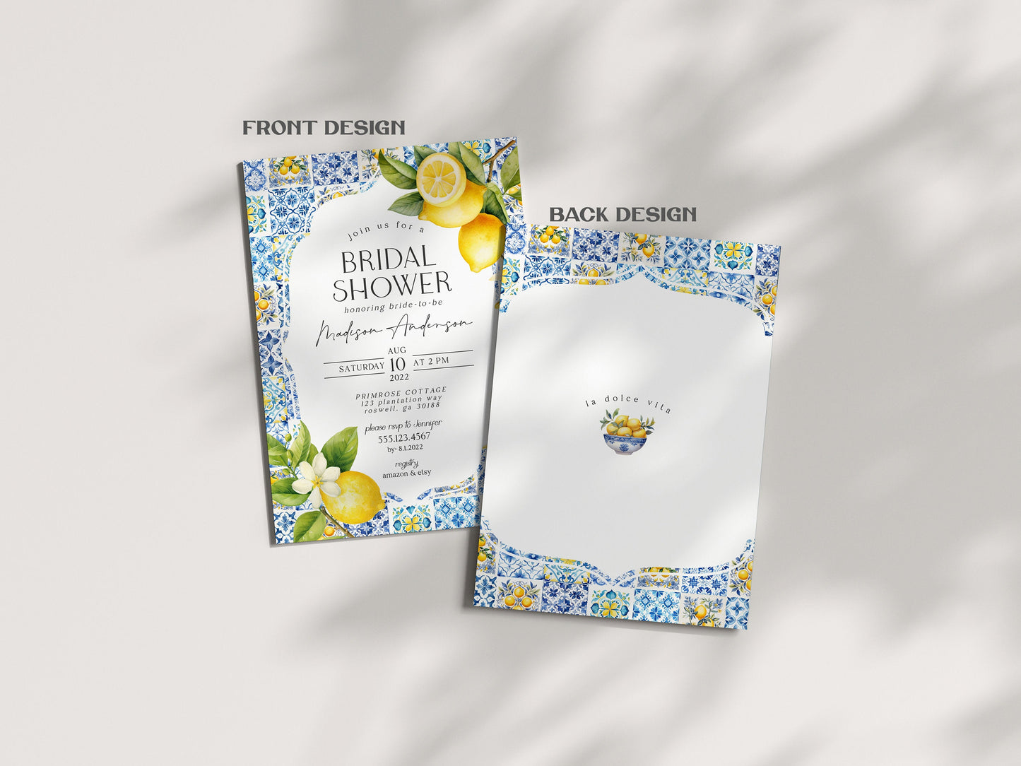 Amalfi Coast Bridal Shower Invitation, Lemon Citrus Mediterranean shower decor with blue tiles Coastal Italian theme