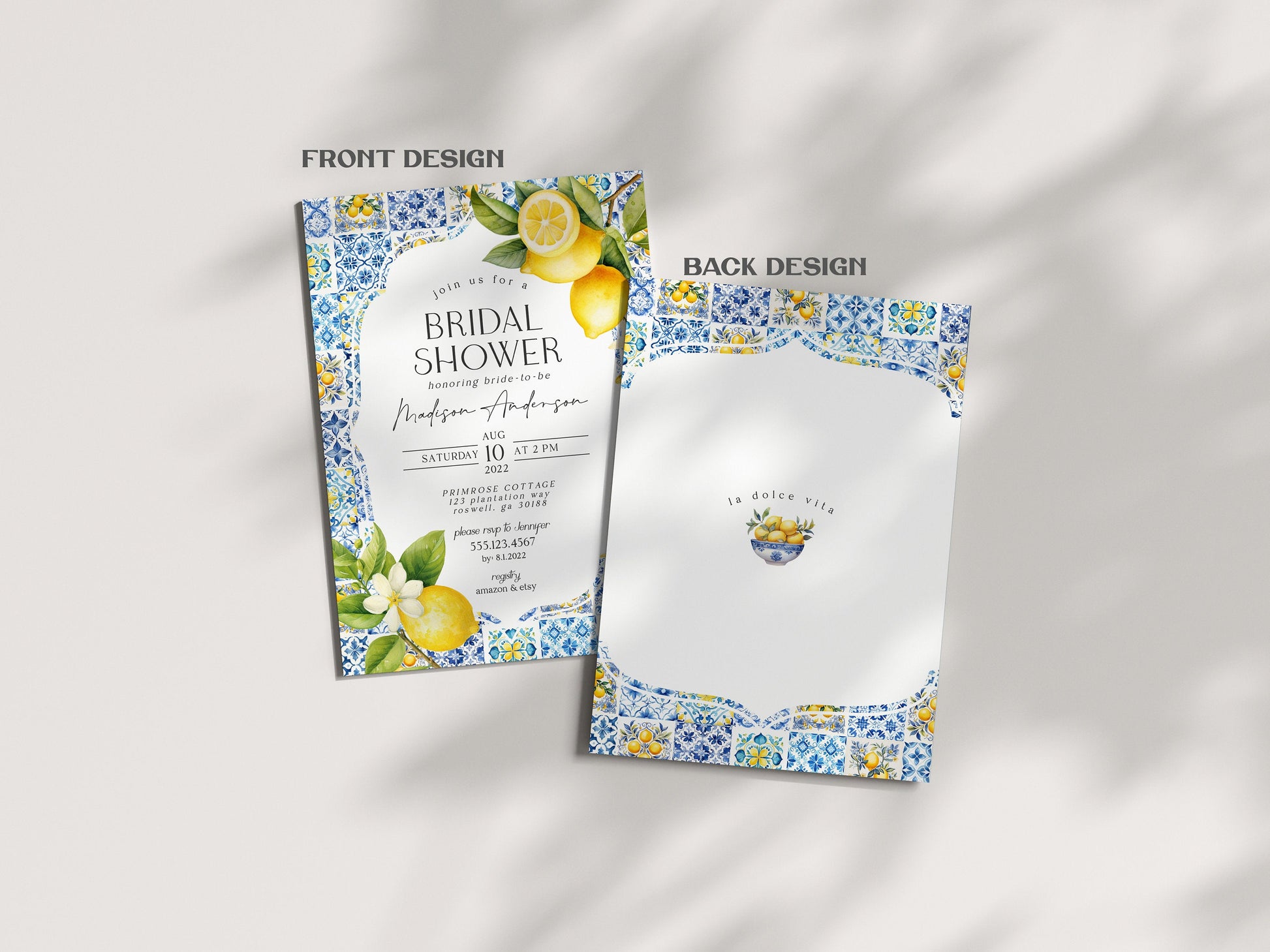 Amalfi Coast Bridal Shower Invitation, Lemon Citrus Mediterranean shower decor with blue tiles Coastal Italian theme