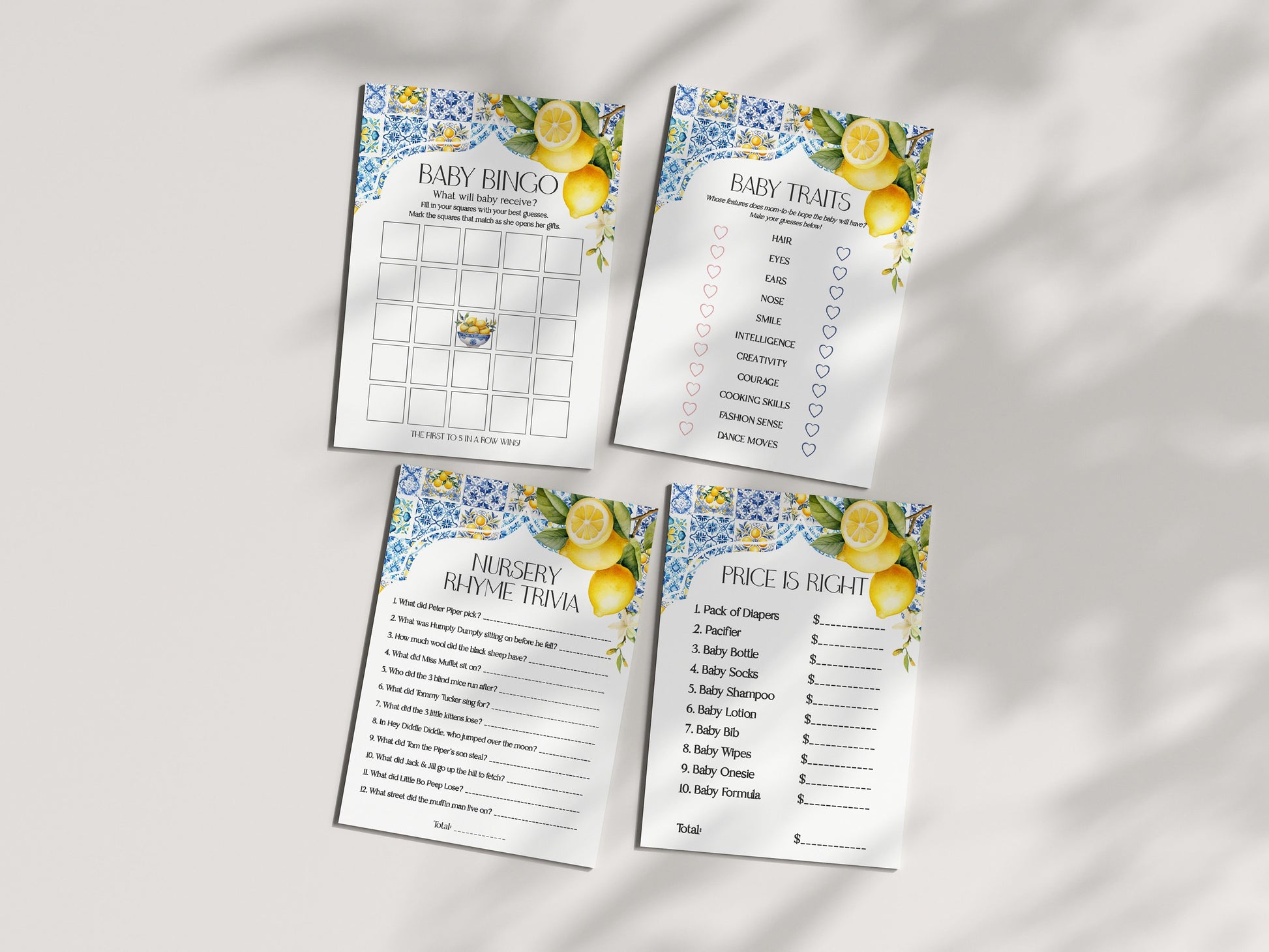 Amalfi Coast Baby Shower Games Set Printable Template, Lemon Citrus Mediterranean shower decor with blue tiles, Italian theme tuscan beach