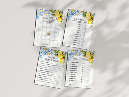 Amalfi Coast Baby Shower Games Set Printable Template, Lemon Citrus Mediterranean shower decor with blue tiles, Italian theme tuscan beach