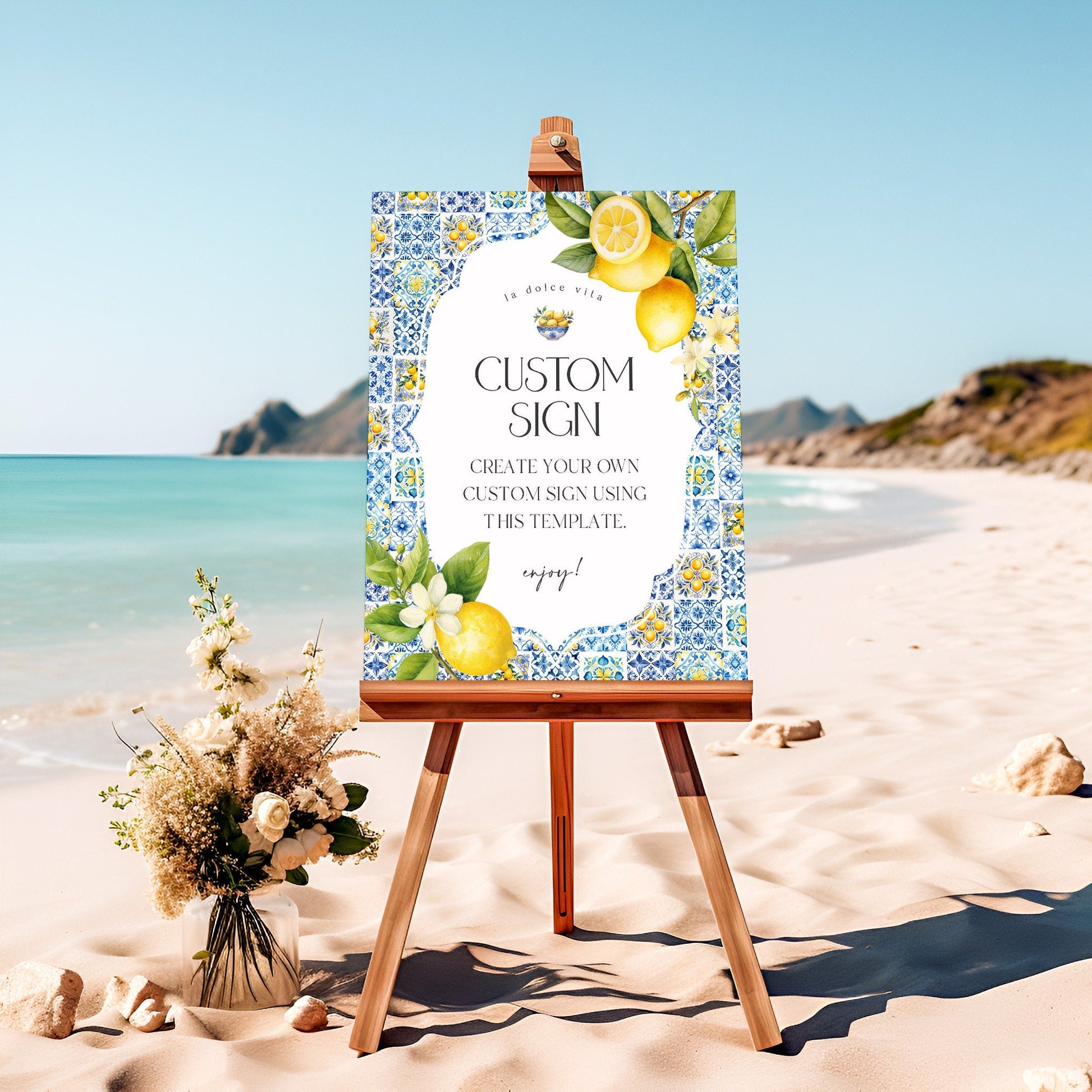 Amalfi Coast Custom Sign Party Decor for Baby or Bridal Shower, Citrus Mediterranean bday decor coastal blue tiles Italian theme