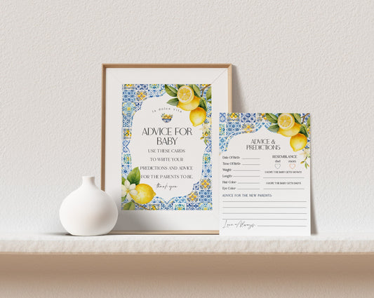 Amalfi Coast Advice for Baby Cards Printable Template, Lemon Citrus Mediterranean shower decor with blue tiles, Italian theme tuscan beach