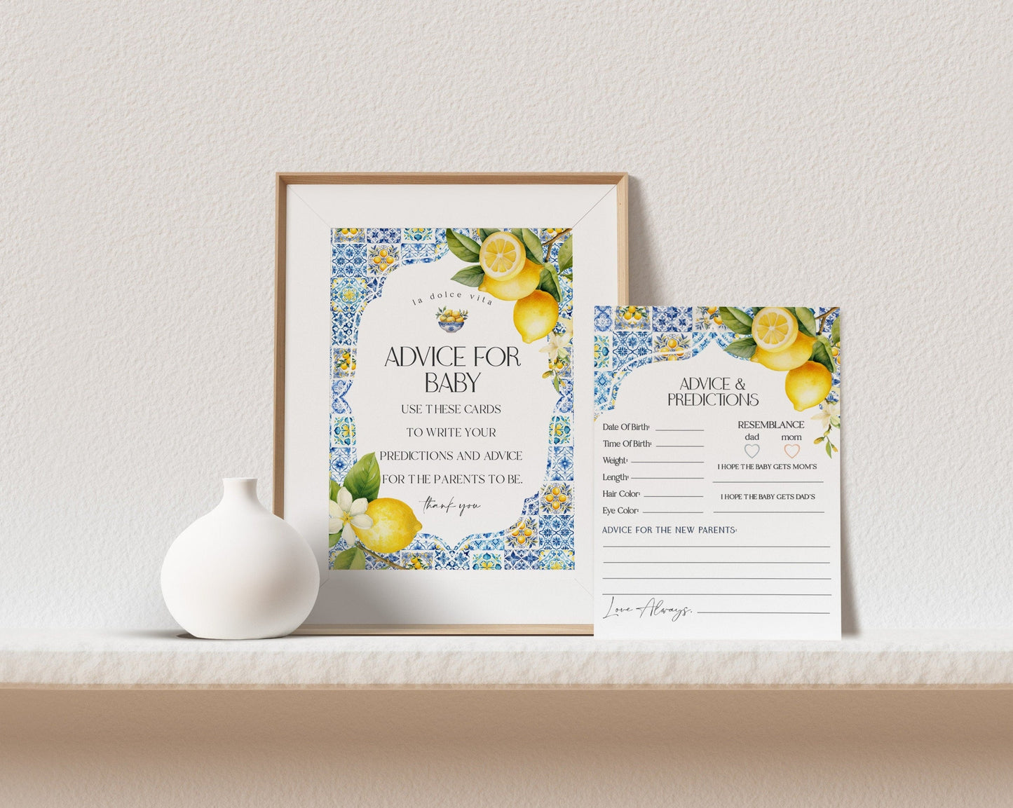 Amalfi Coast Advice for Baby Cards, Lemon Citrus Mediterranean shower decor with blue tiles, Italian theme tuscan beach