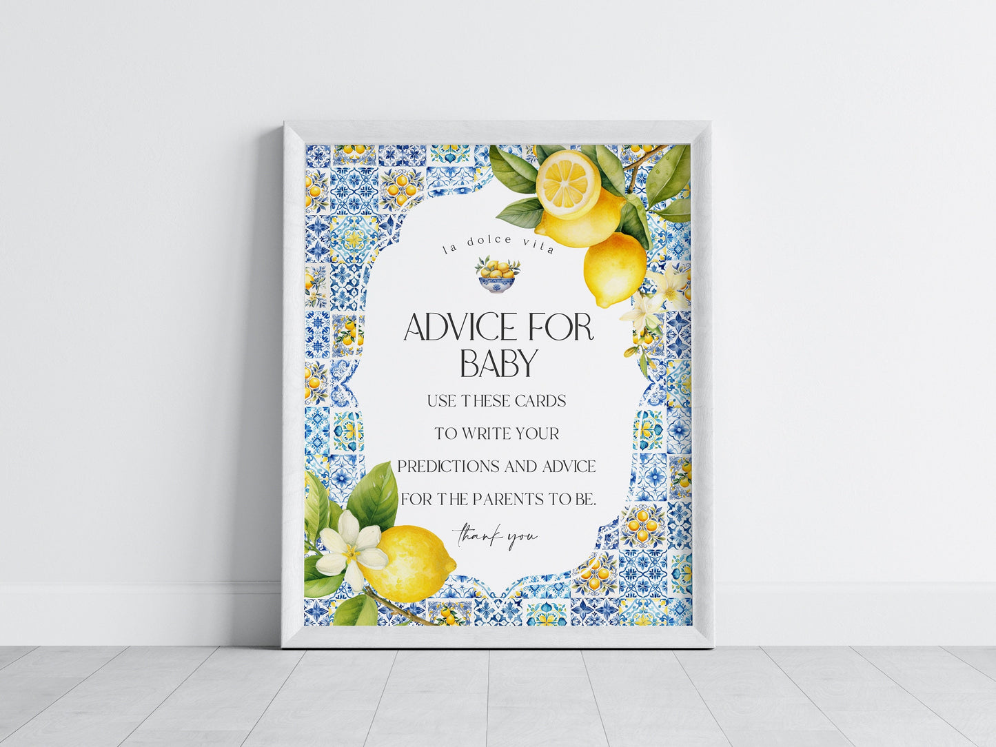 Amalfi Coast Advice for Baby Cards, Lemon Citrus Mediterranean shower decor with blue tiles, Italian theme tuscan beach