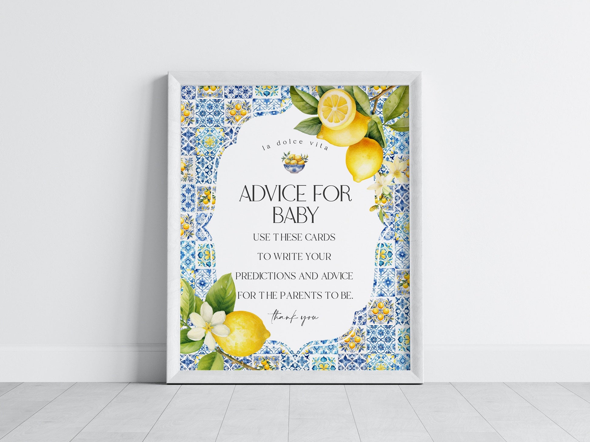 Amalfi Coast Advice for Baby Cards, Lemon Citrus Mediterranean shower decor with blue tiles, Italian theme tuscan beach