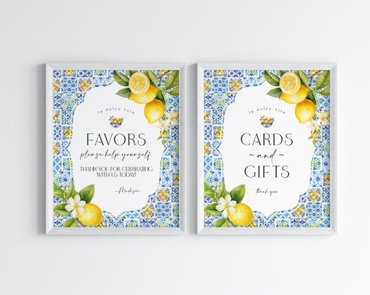 Amalfi Coast Cards & Gifts and Favors Sign Printable Template, Lemon Citrus Mediterranean decor with blue tiles, Italian theme tuscan beach