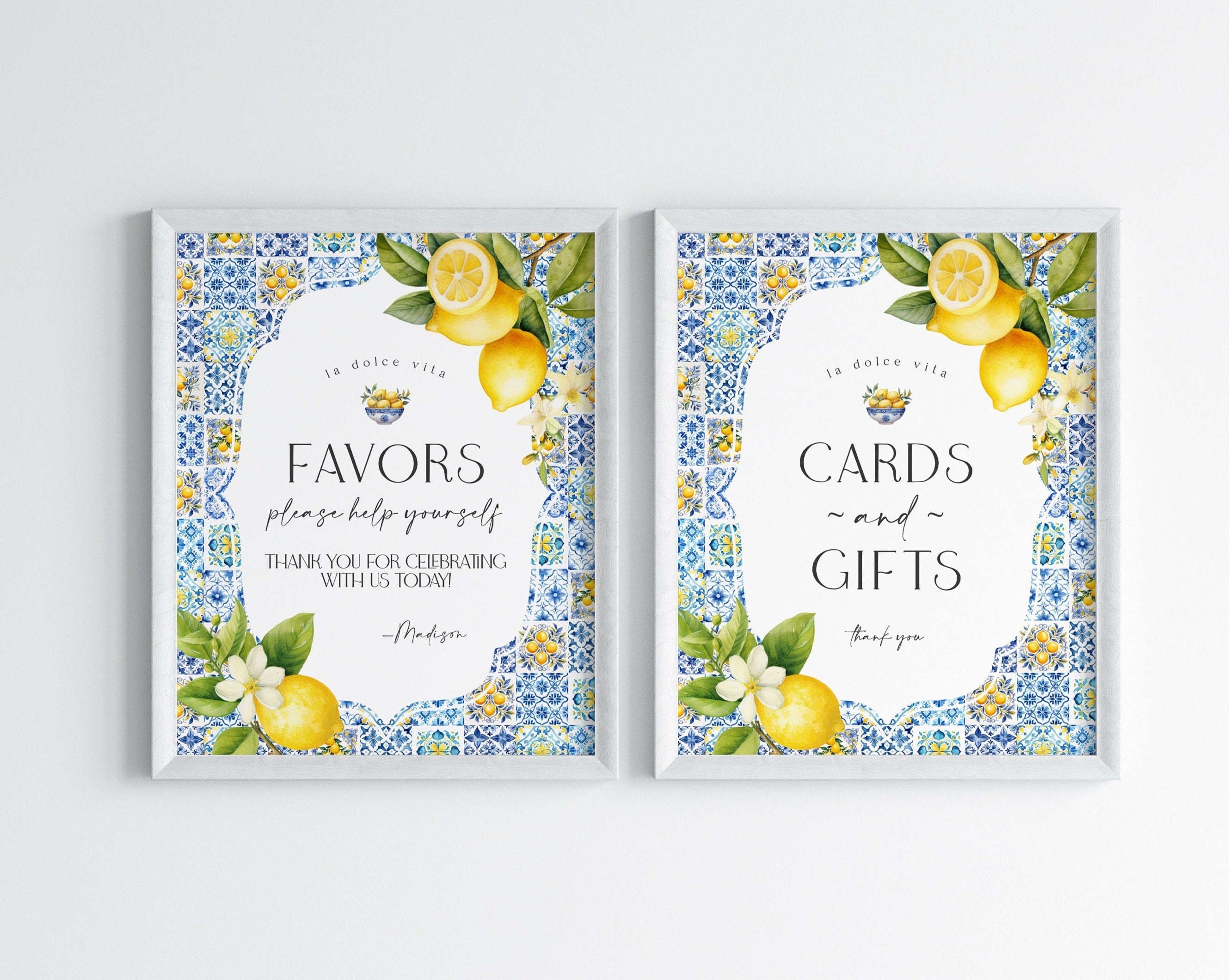 Amalfi Coast Cards & Gifts and Favors Sign, Lemon Citrus Mediterranean decor with blue tiles, Italian theme tuscan beach