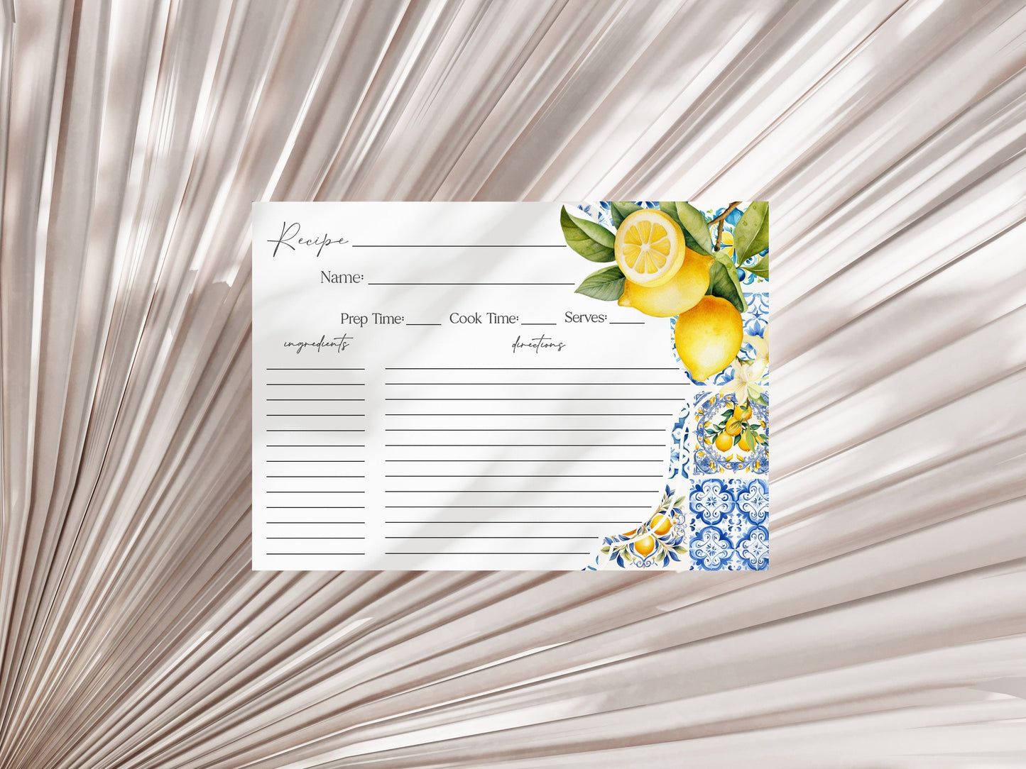 Amalfi Coast Recipe Card for Bridal Shower, Lemon Citrus Mediterranean shower decor with blue tiles, Italian Tuscan theme