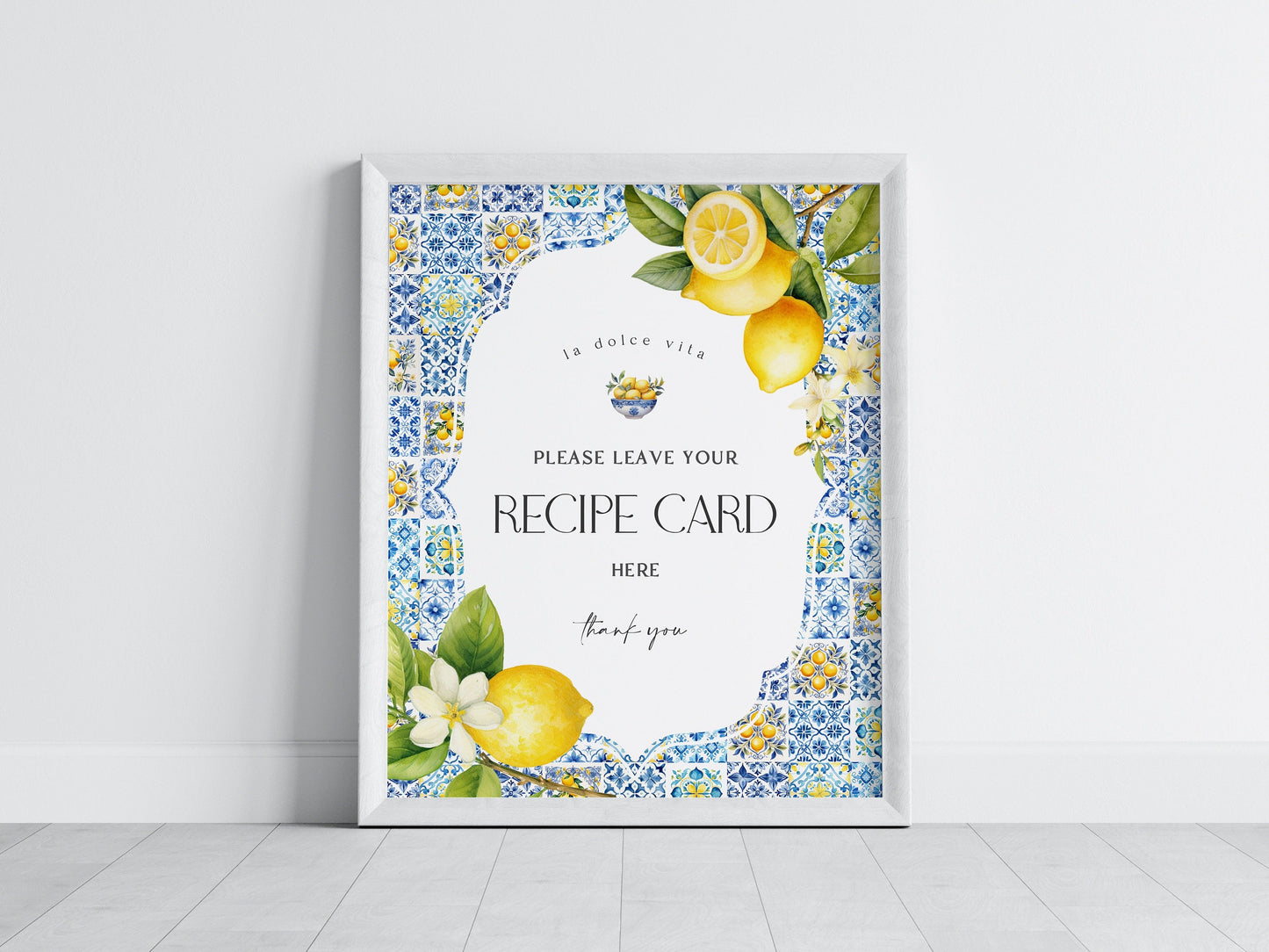 Amalfi Coast Recipe Card for Bridal Shower, Lemon Citrus Mediterranean shower decor with blue tiles, Italian Tuscan theme