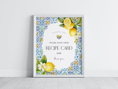 Amalfi Coast Recipe Card for Bridal Shower, Lemon Citrus Mediterranean shower decor with blue tiles, Italian Tuscan theme