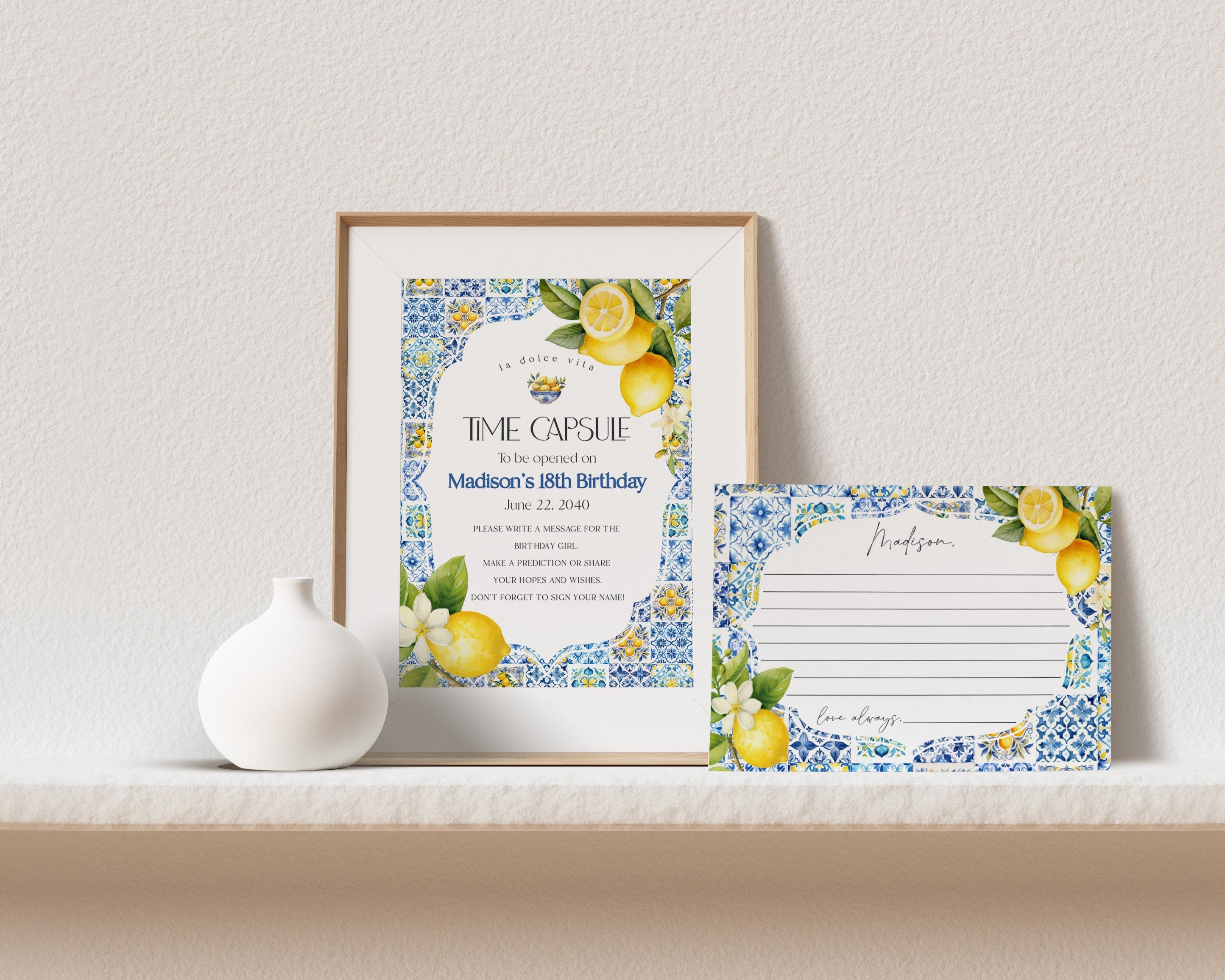 Amalfi Coast Time Capsule, Citrus Mediterranean bday decor with blue tiles, Coastal Italian theme tuscan beach party