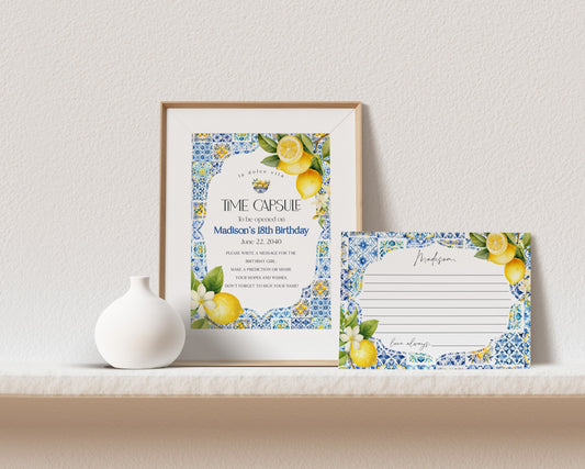Amalfi Coast Time Capsule, Citrus Mediterranean bday decor with blue tiles, Coastal Italian theme tuscan beach party