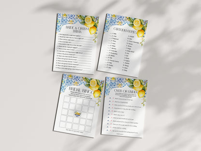 Amalfi Coast Bridal Shower Games Set, Lemon Citrus Mediterranean decor with blue tiles, Italian theme tuscan beach party