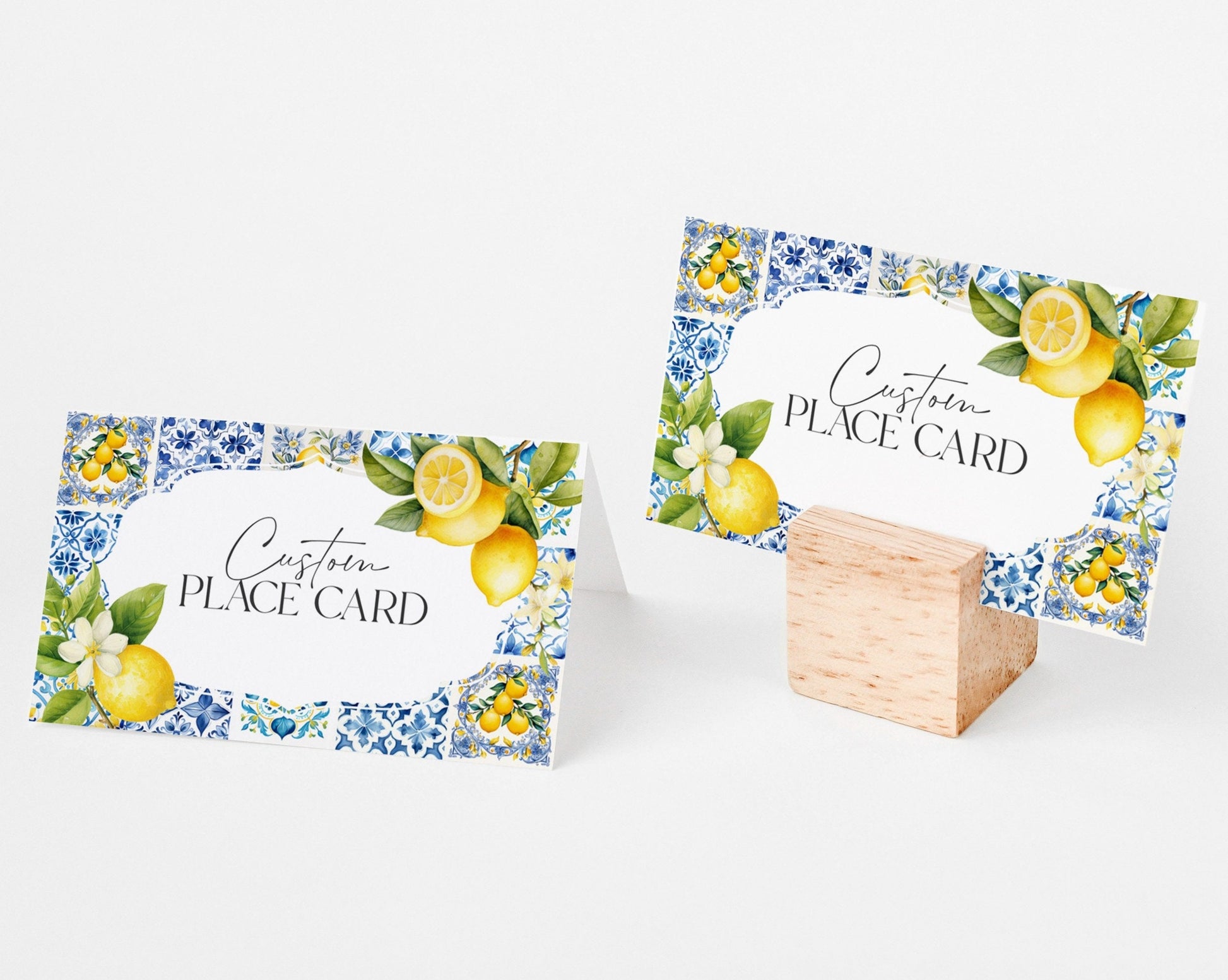 Amalfi Coast Place Cards for Baby or Bridal Shower or Birthday Printable Template, Lemon Citrus Mediterranean shower decor with blue tiles