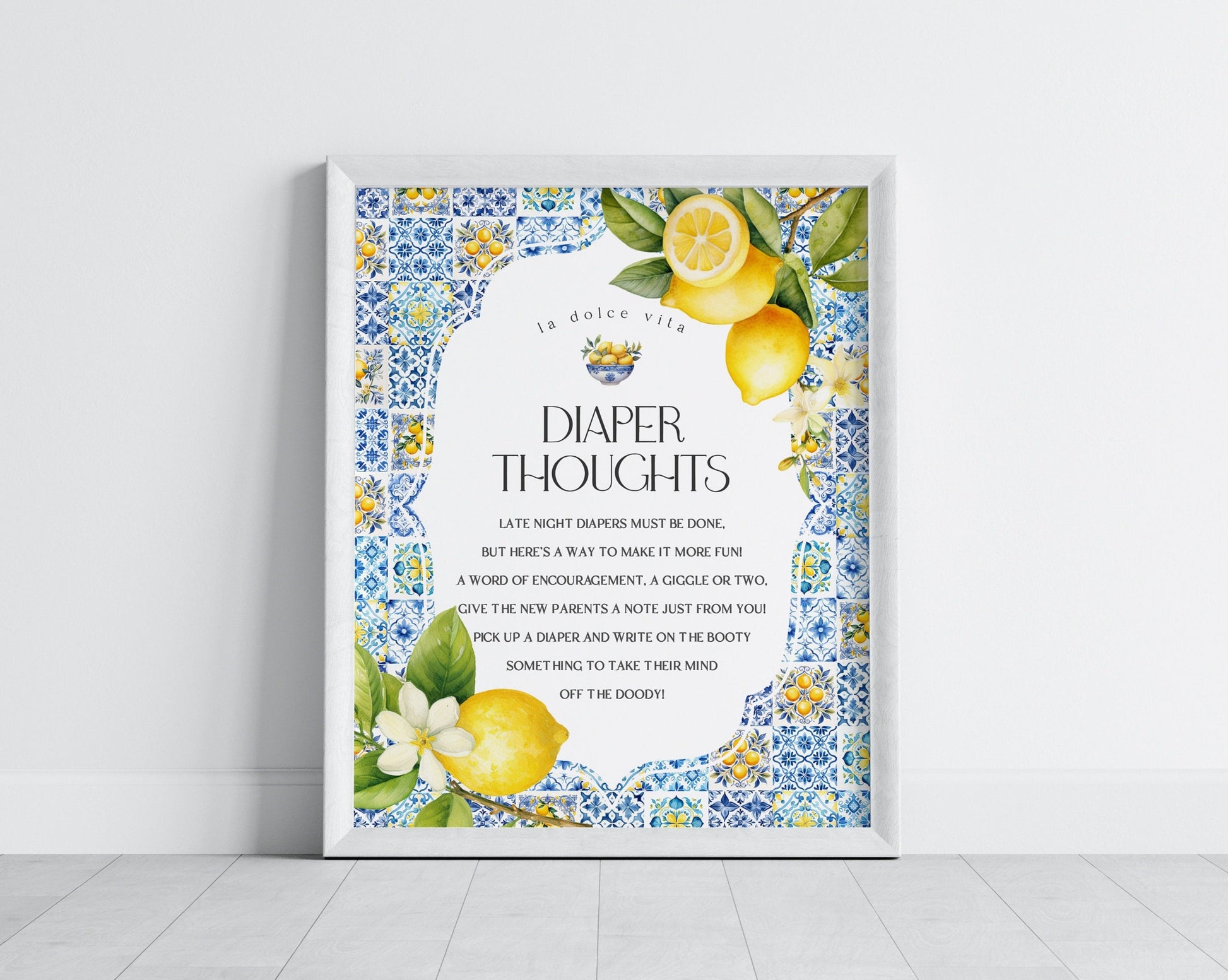 Amalfi Coast Baby Shower Diaper Thoughts Sign Printable Template, Lemon Citrus Mediterranean shower decor with blue tiles, Italian Tuscan