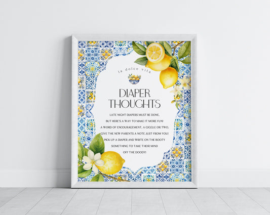 Amalfi Coast Baby Shower Diaper Thoughts Sign, Lemon Citrus Mediterranean shower decor with blue tiles, Italian Tuscan