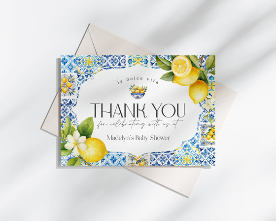 Amalfi Coast Thank You Card Printable Template, Lemon Citrus Mediterranean decor with blue tiles, Coastal Italian theme tuscan beach party