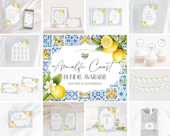 Amalfi Coast Thank You Card Printable Template, Lemon Citrus Mediterranean decor with blue tiles, Coastal Italian theme tuscan beach party