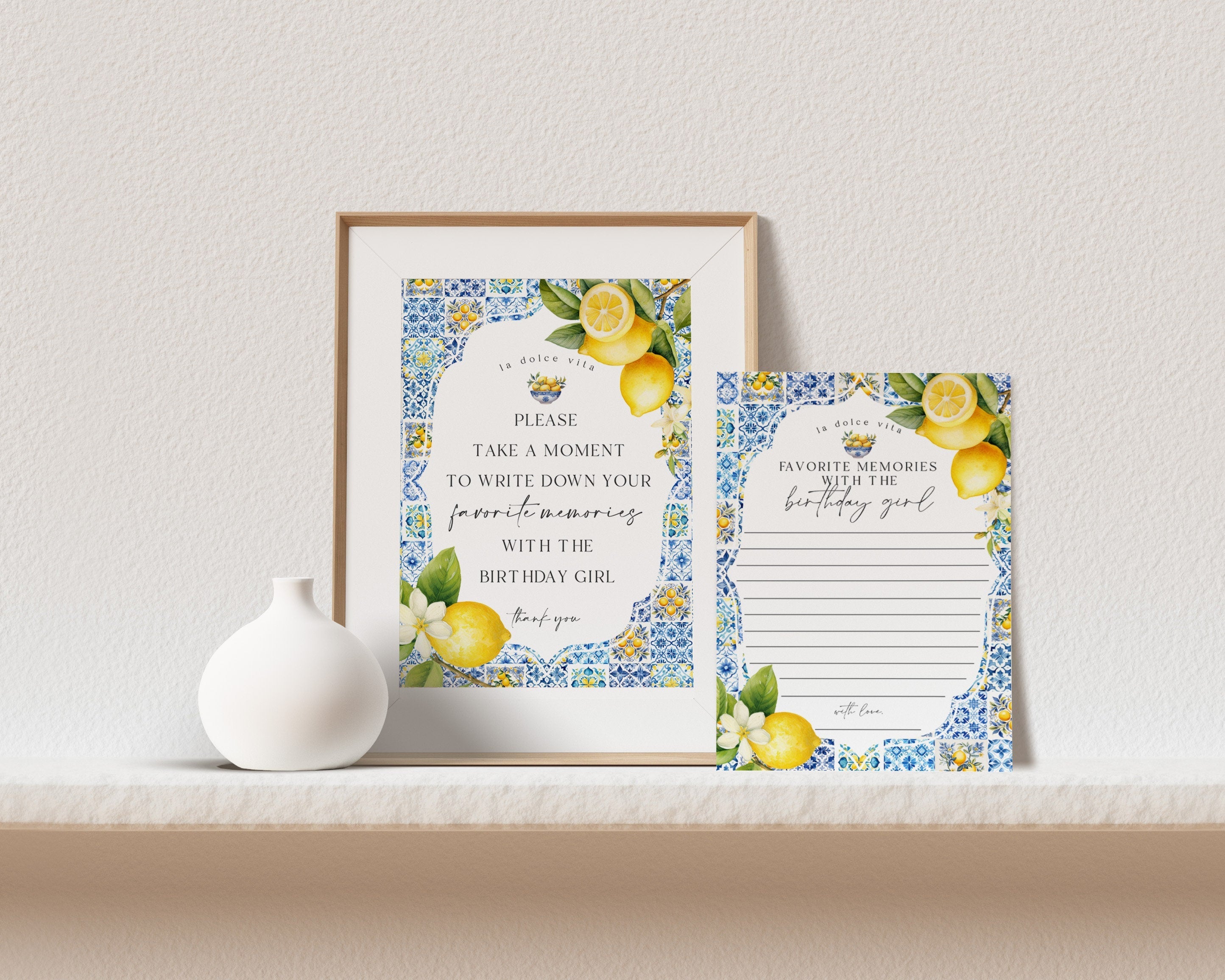 Amalfi Coast Share your memories with the Birthday Girl, Citrus Mediterranean bday decor blue tiles Italian theme party