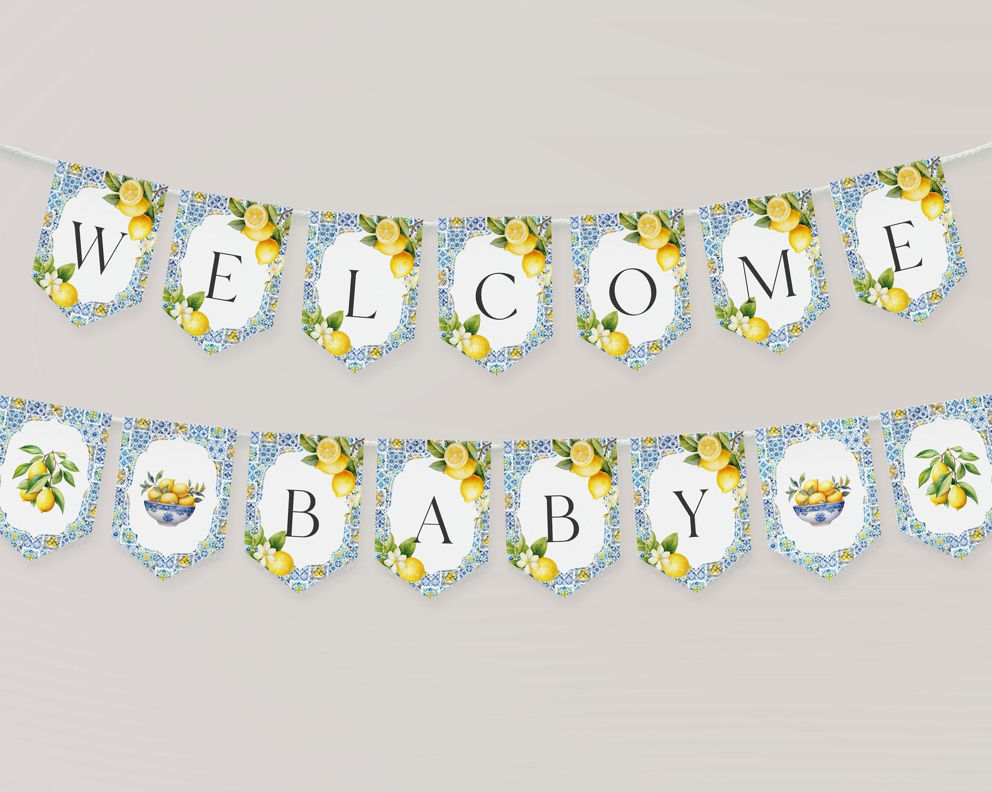 Amalfi Coast Baby Shower Banner Printable Template, Lemon Citrus Mediterranean shower decor with blue tiles Italian theme tuscan beach party