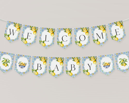 Amalfi Coast Baby Shower Banner Printable Template, Lemon Citrus Mediterranean shower decor with blue tiles Italian theme tuscan beach party