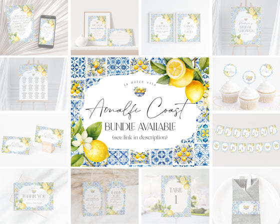 Amalfi Coast Table Number Cards Printable Template, Lemon Citrus Mediterranean shower decor with blue tiles Italian theme tuscan beach party