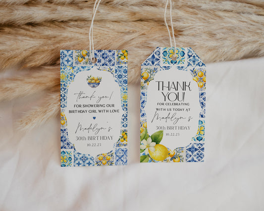 Amalfi Coast Birthday Circle Favor Tags Printable Template, Lemon Citrus Mediterranean shower decor with blue tiles, Italian theme party