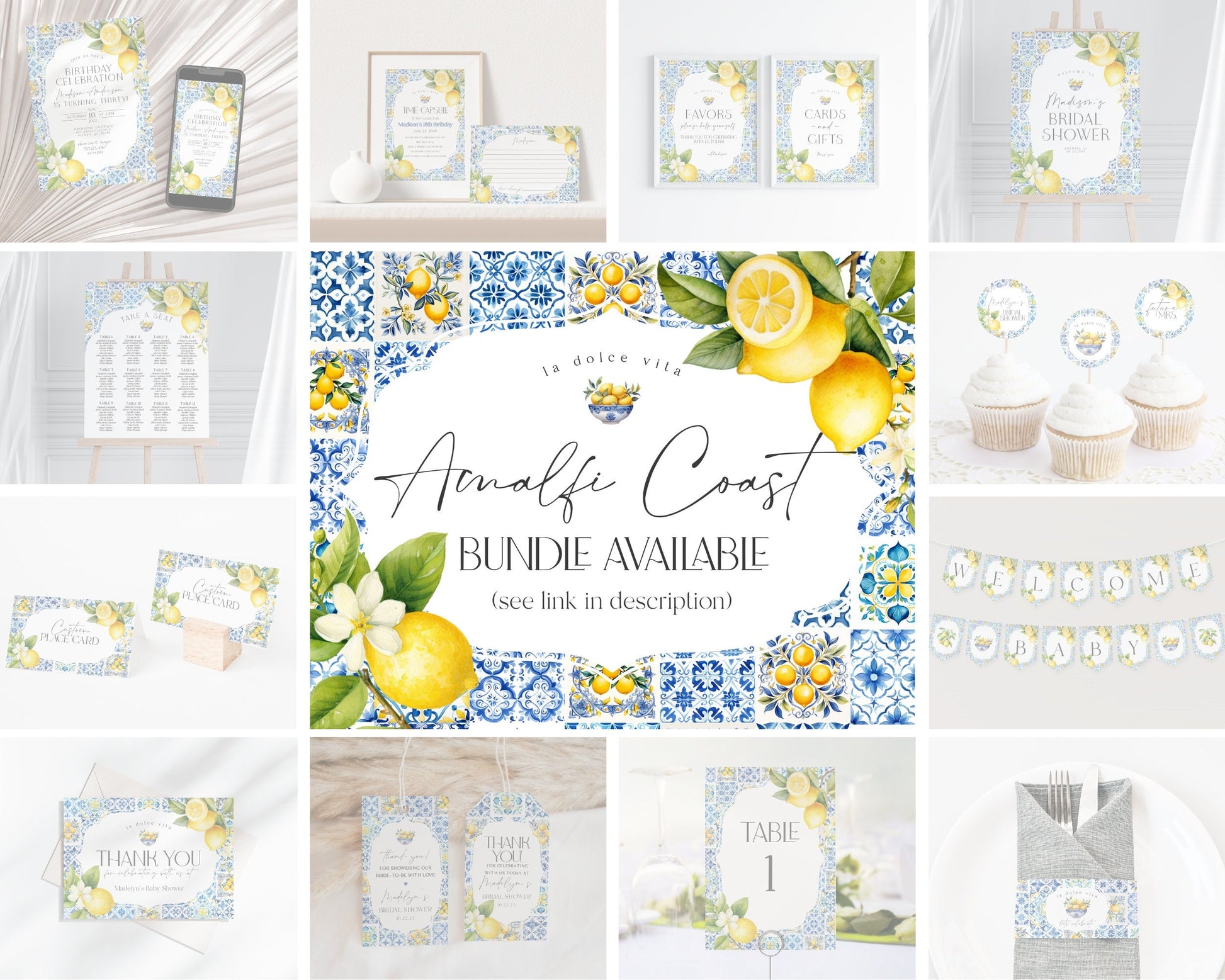 Amalfi Coast Bridal Shower Circle Favor Tags Printable Template, Lemon Citrus Mediterranean shower decor with blue tiles Italian theme party