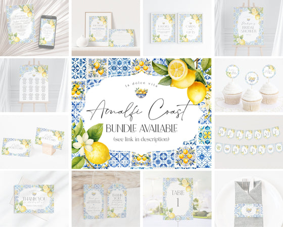 Amalfi Coast Bridal Shower Circle Favor Tags Printable Template, Lemon Citrus Mediterranean shower decor with blue tiles Italian theme party