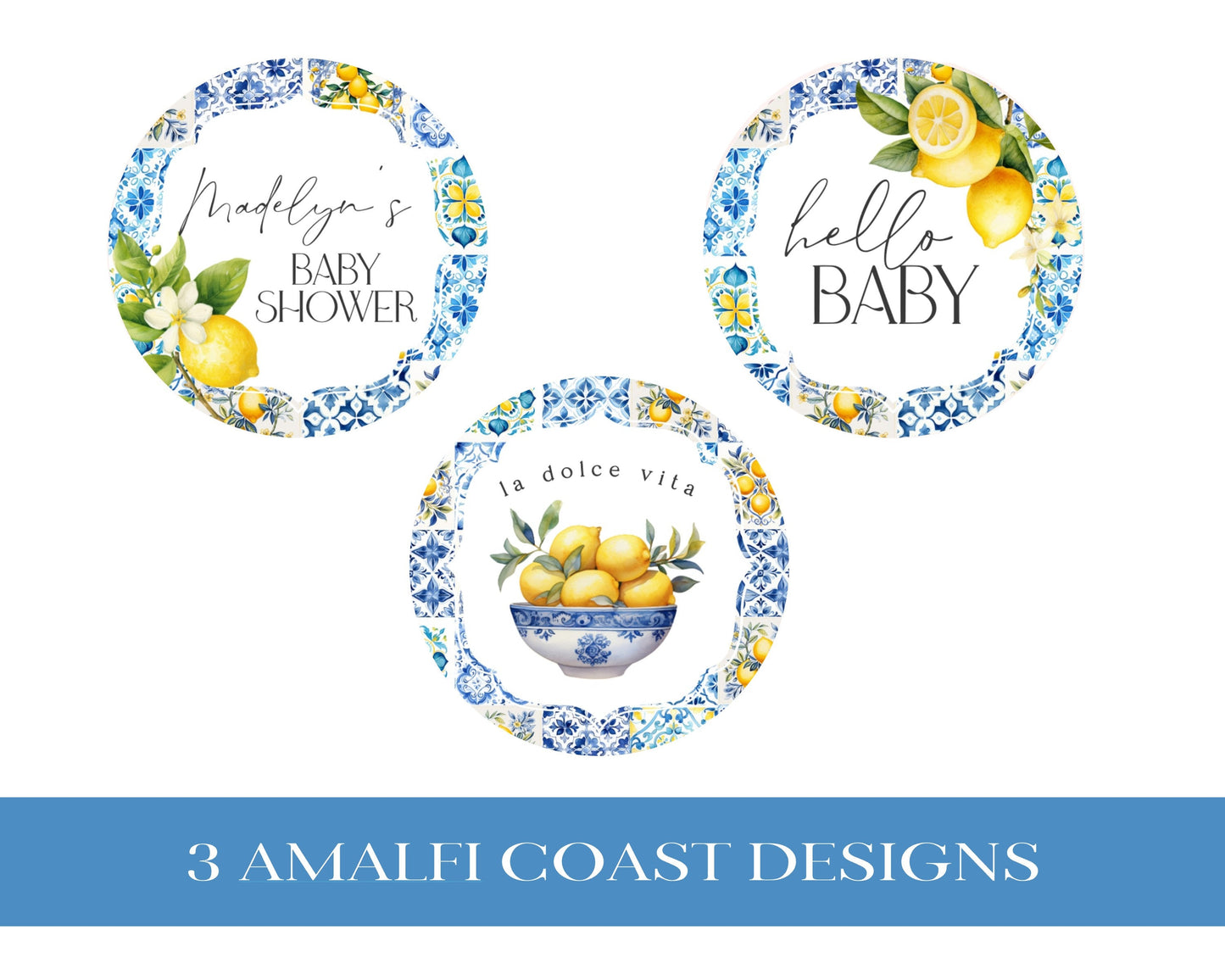 Amalfi Coast Baby Shower Cupcake Toppers Printable Template, Lemon Citrus Mediterranean shower decor with blue tiles, Italian theme party