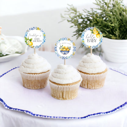 Amalfi Coast Baby Shower Cupcake Toppers Printable Template, Lemon Citrus Mediterranean shower decor with blue tiles, Italian theme party