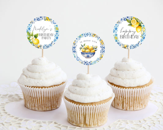 Amalfi Coast Birthday Cupcake Toppers Printable Template, Lemon Mediterranean bday decor with blue tiles, Italian theme tuscan beach party