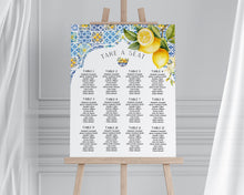  Amalfi Coast Wedding Seating Chart Poster Printable Template, Lemon Citrus Mediterranean shower decor with blue tiles, Italian theme party