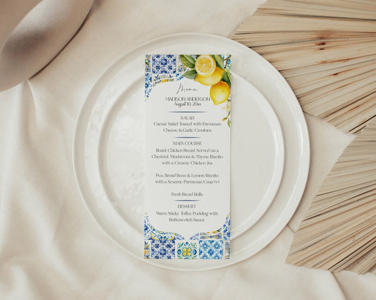 Amalfi Coast Wedding Menu, Lemon Citrus Mediterranean shower decor with blue tiles, Italian theme tuscan beach party