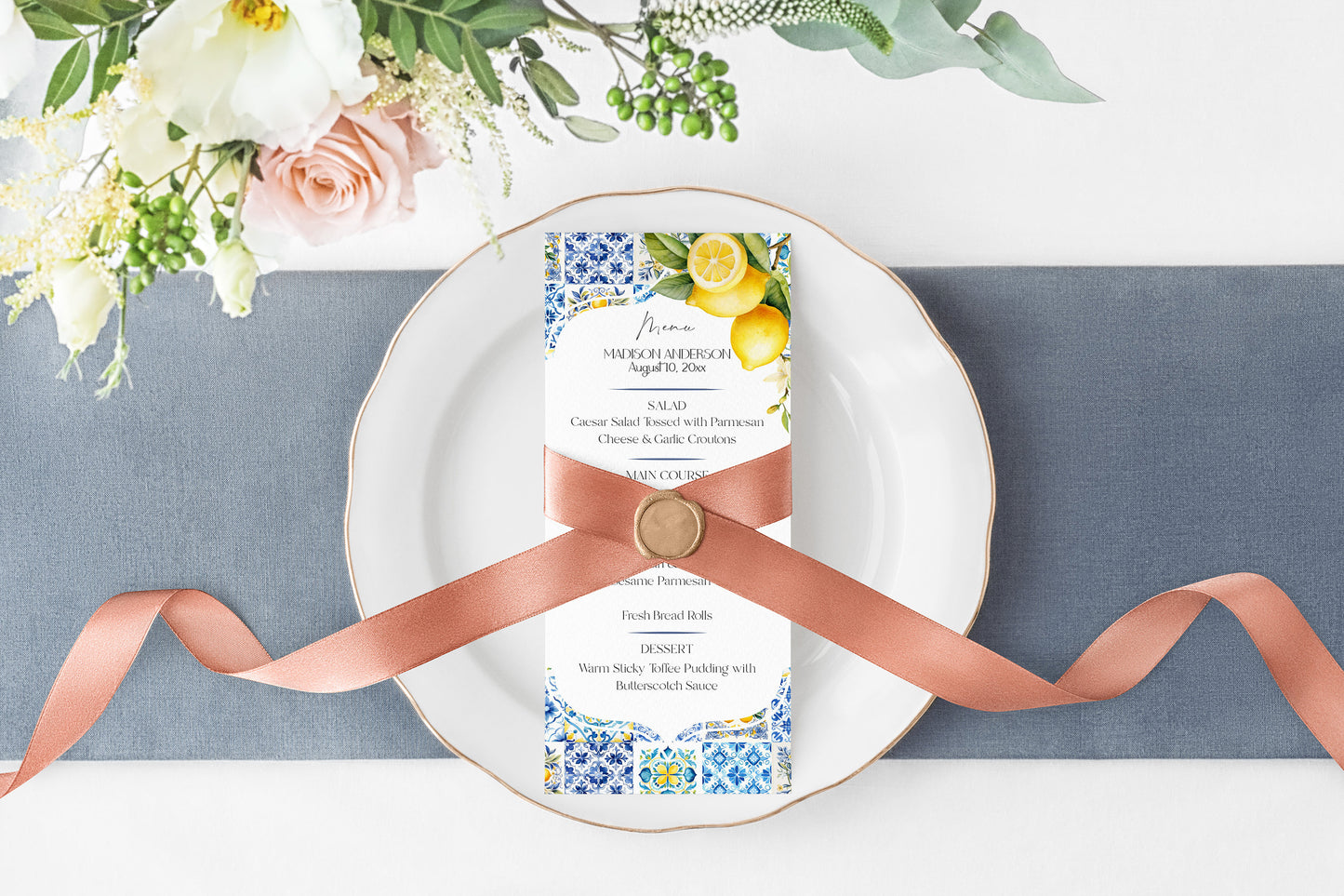 Amalfi Coast Printable Wedding Menu Template, Lemon Citrus Mediterranean shower decor with blue tiles, Italian theme tuscan beach party