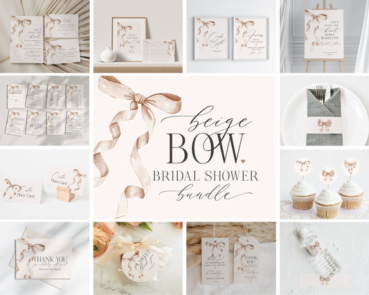 Biege Bow Bridal Shower Bundle Printable Template, Watercolor preppy coquette bow theme party for fancy southern bride, grandmillenial bow