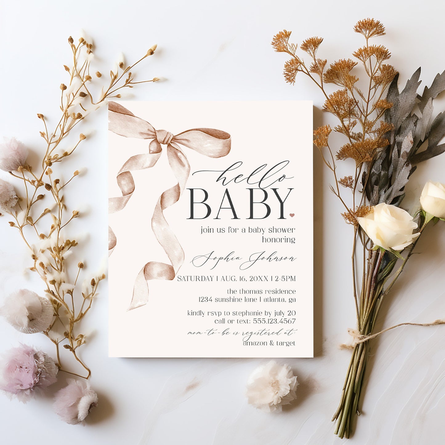 Beige Bow Baby Shower Invitation Printable Template, Watercolor preppy coquette bow theme party for fancy southern girl, grandmillenial bow